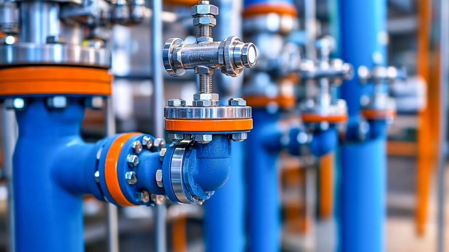 Close-up of industrial blue pipes aligned.