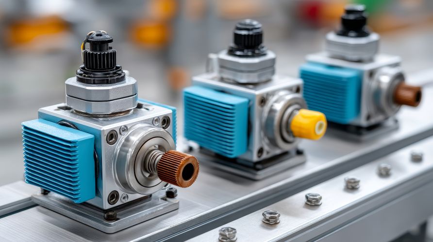 Smart sensors installed on factory machines for IoT network integration, showcasing advanced automation and precision in industrial manufacturing processes